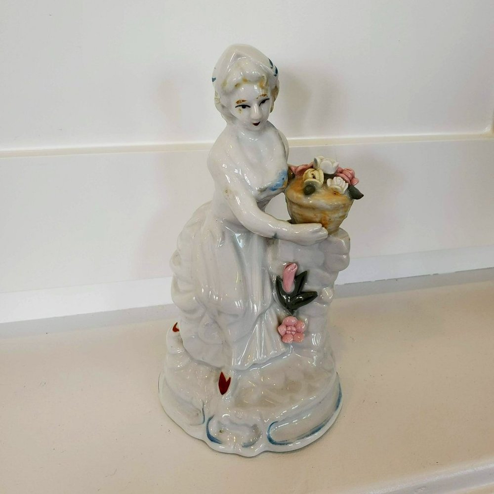 Vintage Porcelain Woman Figurine, Victorian Style Lady Holding Basket of Flowers